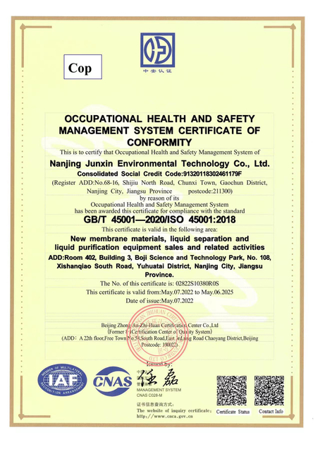 occupation health and safety management system certificate of conformity